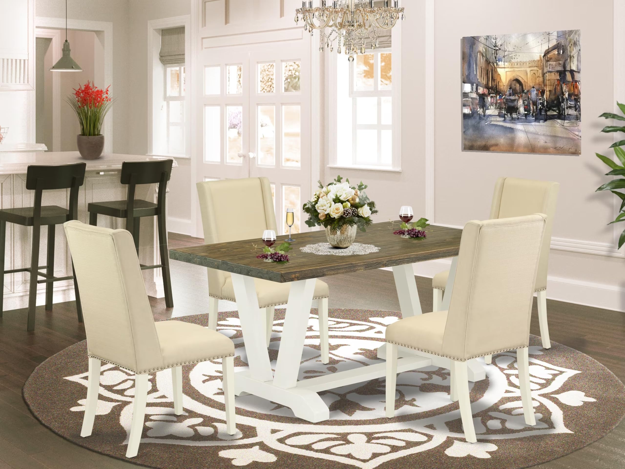 East West Furniture V076Fl201-5 5 Piece Dining Room Furniture Set Includes A Rectangle Dining Table With V-Legs And 4 Cream Linen Fabric Upholstered Chairs, 36X60 Inch, Multi-Color